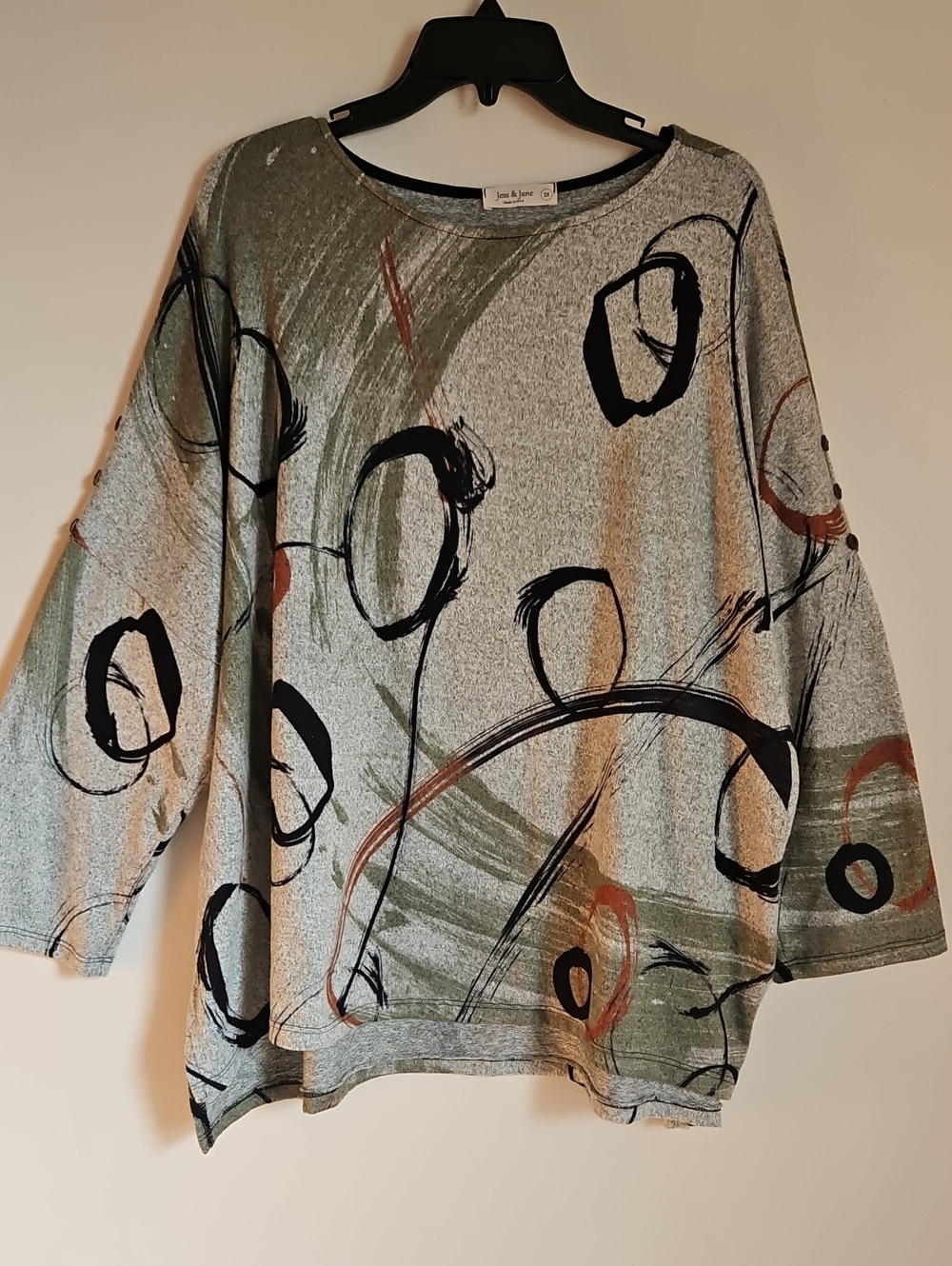 Jess & Jane Tunic Top Drop Shoulder Long Sleeve Abstract Circles Grey Black 2X